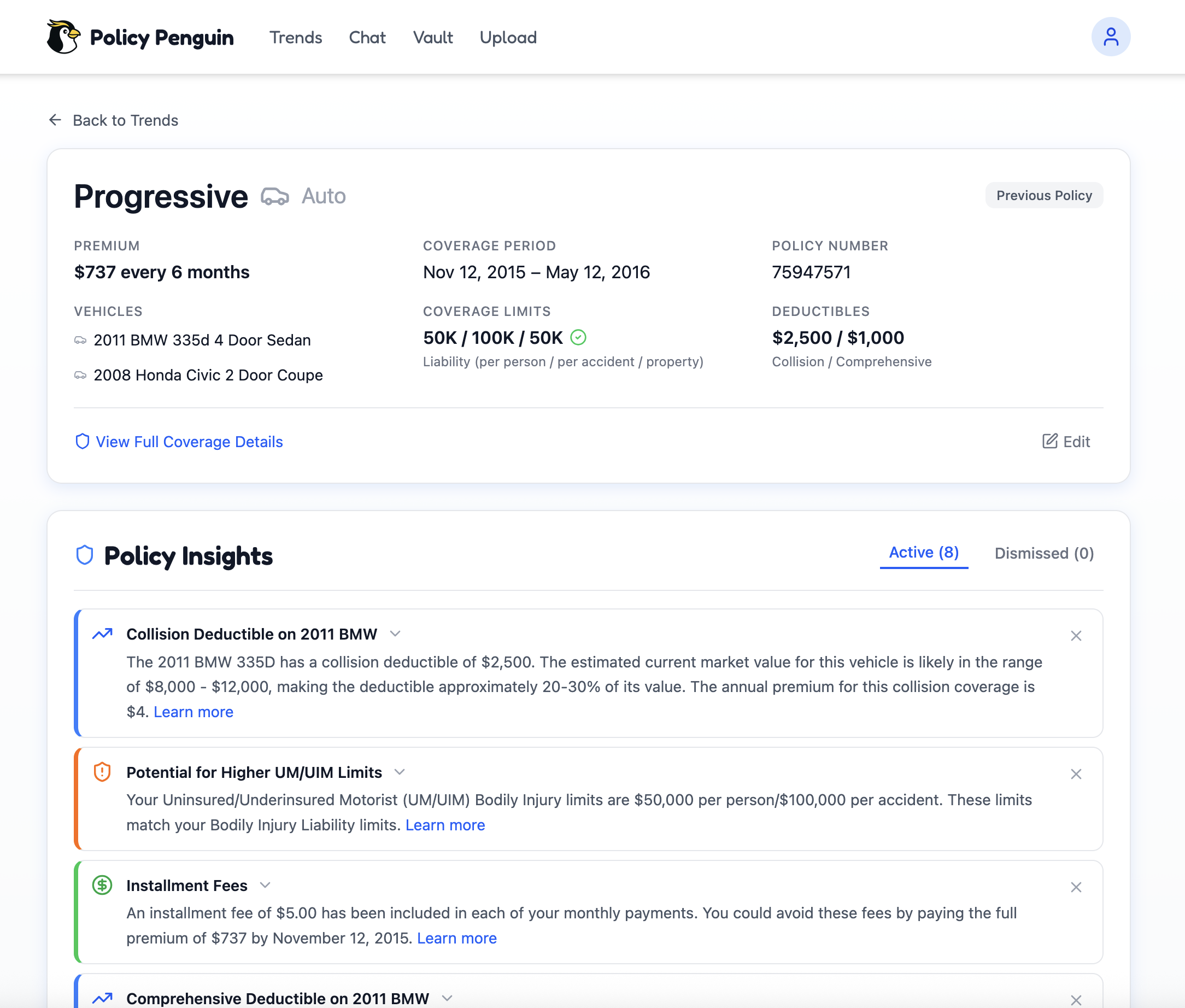Policy Penguin dashboard showing policy insights, coverage details, and premium comparison
